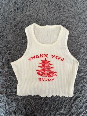 SHEIN Whige Ribbed Tank Top with Red Graphic